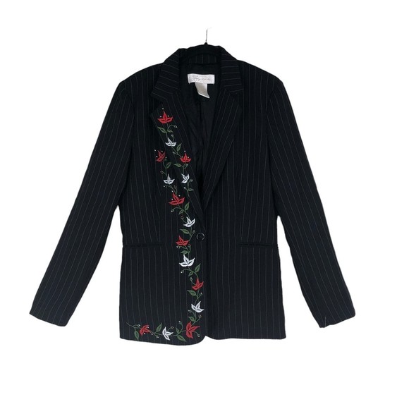 NWT Lucy Pereda Floral Embroidered Office Blazer w/Padded Shoulder sz 12 Blk Pin - Picture 1 of 11